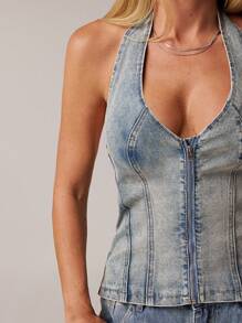 SHEIN Forever 21 Spring&Summer Women Romantic/Prom/Formal/Birthday/Backless/90s /Business Casual/Elegant/Western Wear/Going Out/Fashion/Casual/Y2k Clothes/Club/Office /Cocktail/Vintage/Bodycon/Rave Outfits/Funny/Classy/Old Money/Streetwear/Vacation/Country Concert/Work/Modest/Spring Break/Bachelorette Outfits/Concert/Baddie/Basic/Graduation/Blue Washed/Cowgirl Outfits/Denim Top - Blue - View 7