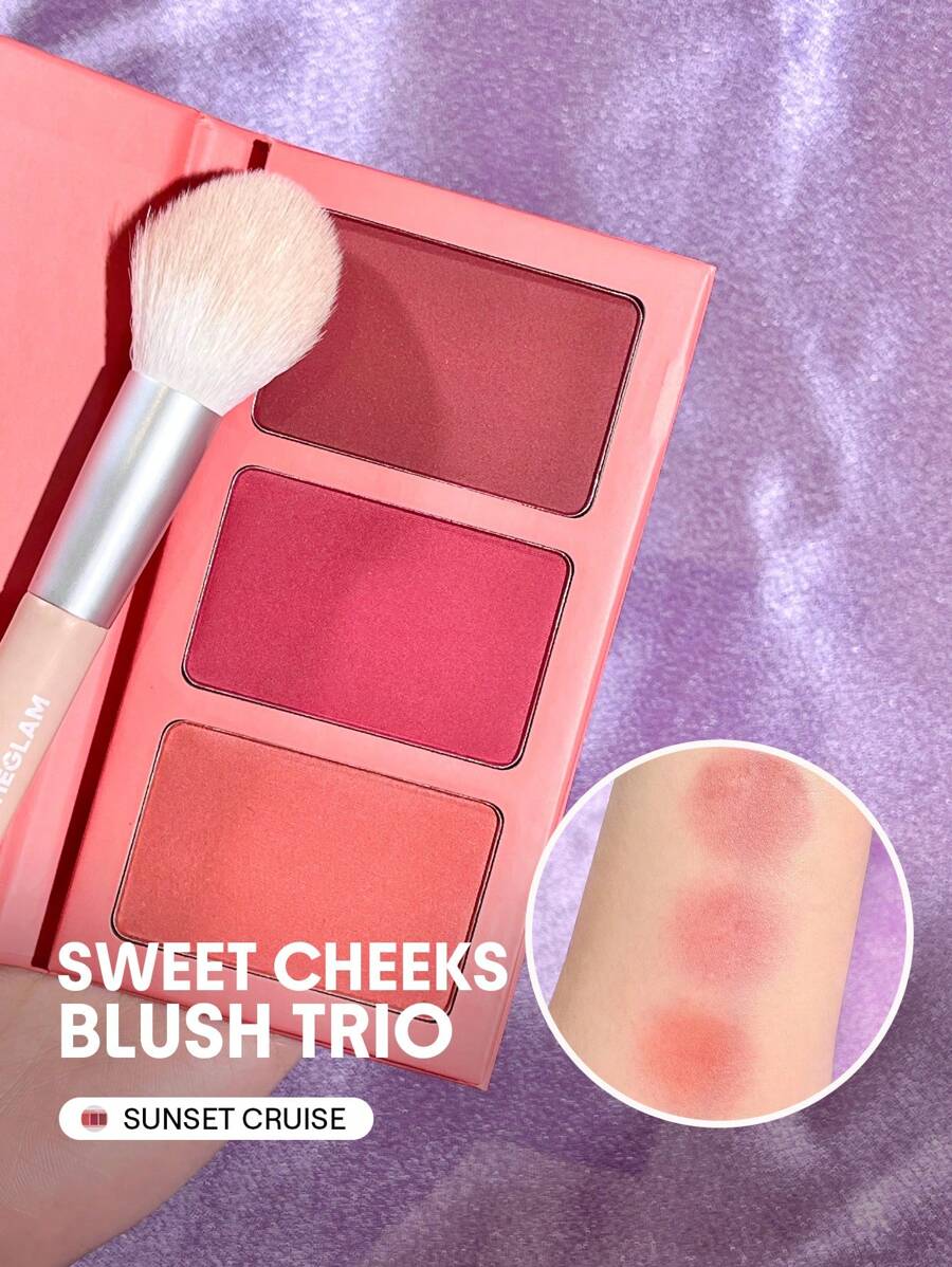 SHEGLAM Sweet Cheeks Blush Trio-Sunset Cruise 三色粉狀腮紅盤 不褪色 多用途 不油膩 閃光 輕盈 天鵝絨柔滑腮紅 粉紅色 棕色 紫色 玫瑰腮紅 品牌 美容 化妝 化妝品 適合女性與女孩 完美搭配秋冬季節 Y2K 時尚 流行 聖誕節 假期 派對準備就緒 最佳顏色