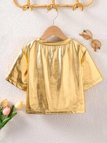 Sparklyn Tween Girls' Solid Metallic Crew Neck Short Sleeve Casual T-Shirt - Gold - View 2