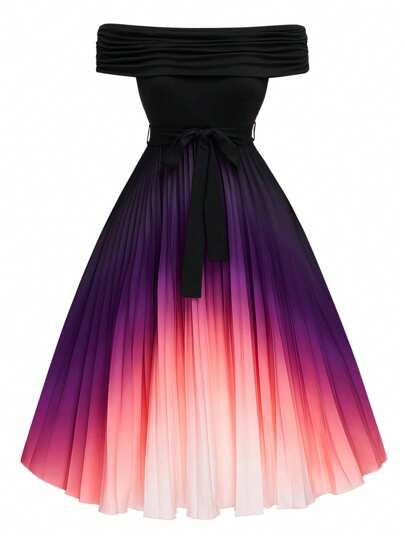 SHEIN Clasi Plus Size Women Color Block Pleated Gradient Tie-Dye Waisted Off Shoulder Midi Dress, Spring/Summer