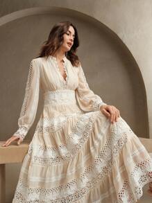 Anewsta 法式时尚宫廷镂空拼接柔软蕾丝边长裙，适合春季、节日、度假 - 米色 - 查看 4