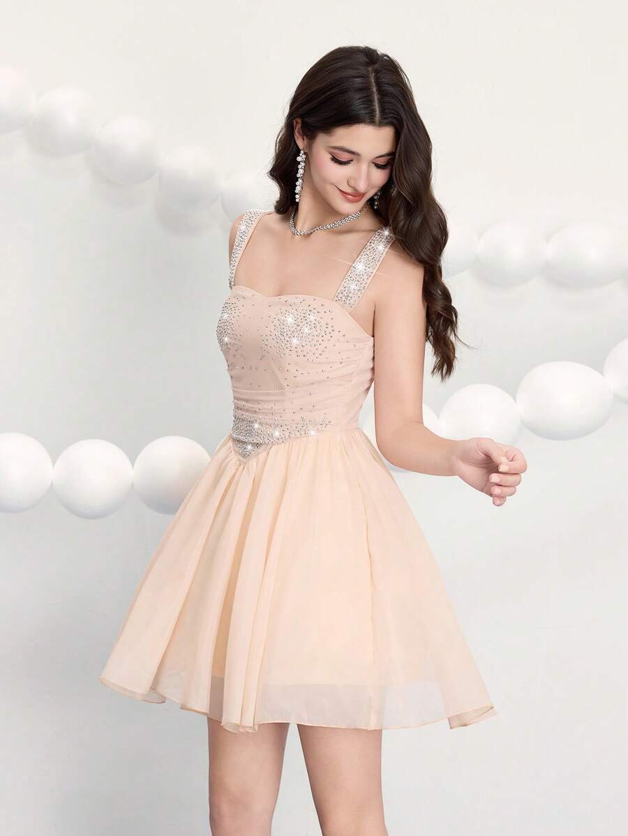 SHEIN Belle Women Sparkling Crystal Mini Cocktail Dress, Elegant Gown, Elegant Semi Formal Dress, Party Dress, Wedding Guest Dress, Prom Dress - Champagne - View 1