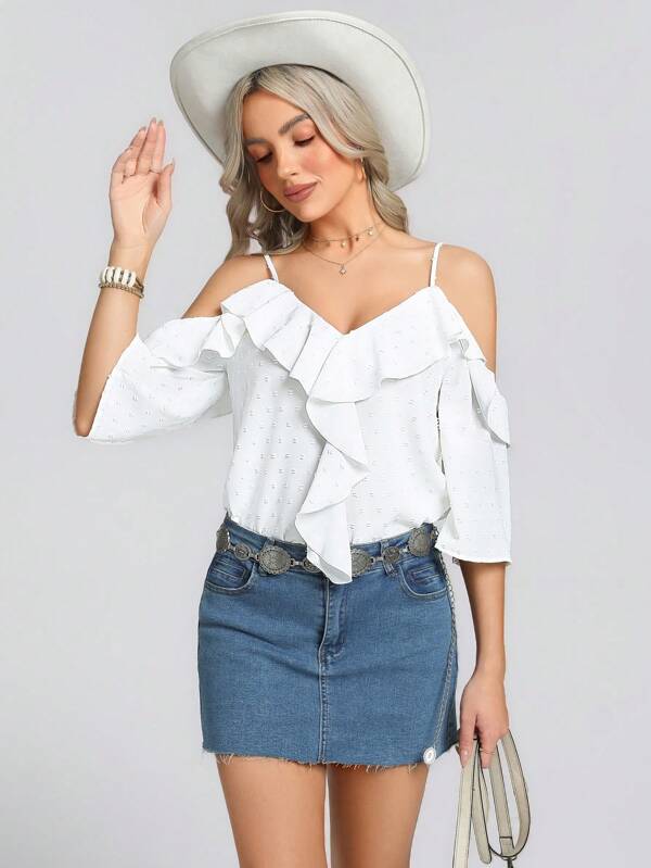 SHEIN LUNE Bluză de primăvară cu volane, culoare uni, pentru femei