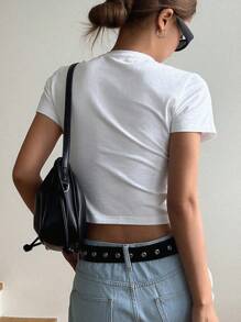 DAZY 星形印花圆领T恤 Y2K，女款短款上衣 - 白色 - 查看 2