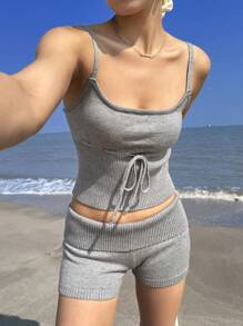 SHEIN EZwear 2 件套女士深灰色系带吊带背心针织上衣和针织短裤 - 灰色 - 查看 4