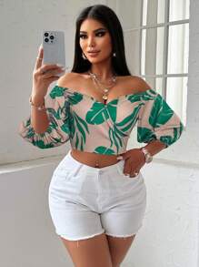 SOLERSUN Bluzka z bufiastymi rękawami i nadrukiem kwiatowym, skrócona, na noworoczne ubrania