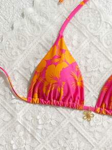 Swim Mod Women Summer Beach Metallic Floral Decor Halter Neck Triangle Bikini Top - Multicolor - View 3