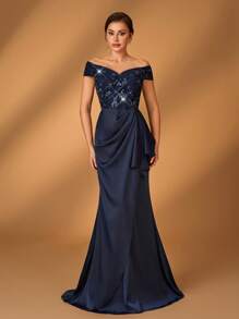 Serin Navy Blue Winter Elegant Formal Evening Wedding Dress,Luxurious Off Shoulder Sequin Floral Lace Satin Ruched Ruffled Mermaid Bride Mother Gown - Navy Blue - View 6