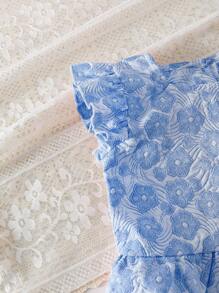 Set de 2 piezas compuesto por blusa jacquard de cuello cuadrado y manga corta elegante para niña joven, y shorts jacquard de cintura elástica y pierna recta