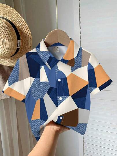 SHEIN 男童休闲简约宽松舒适短袖衬衫，适合春夏季