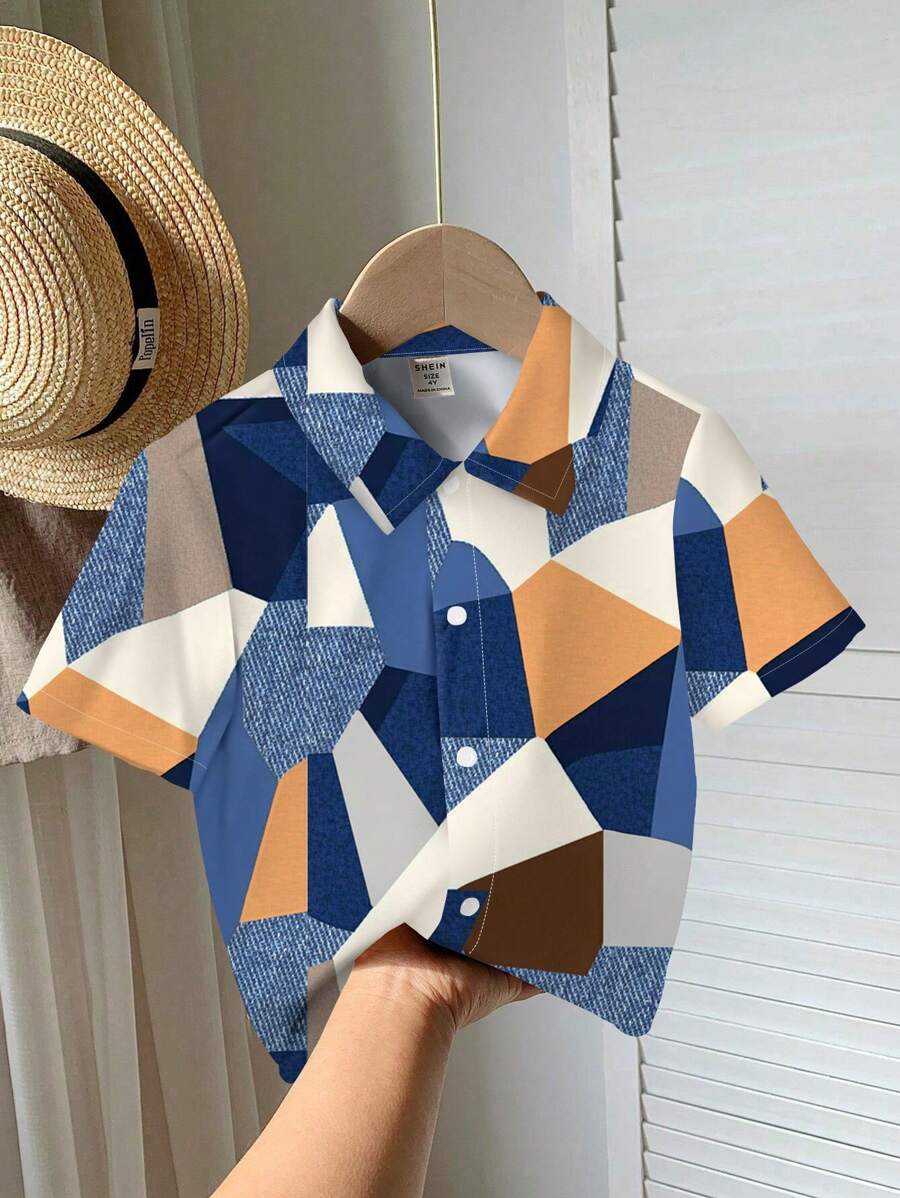 SHEIN Áo sơ mi tay ngắn đơn giản thoải mái cho bé trai, phù hợp cho mùa xuân và mùa hè - Nhiều màu - Xem 1