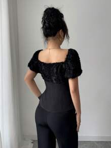 Elenzga Top court élégant unique français, chemise femme avec manches bouffantes à empiècement noir et taille cintrée, convient pour le travail, les rendez-vous, les fêtes, le carnaval, Pâques, les festivals de musique, le printemps/l'été