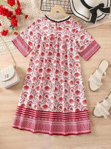 SHEIN Tween Girls Floral Loose Short Sleeve Dress, Suitable For Summer Vacation And Beach Wear - Red - View 2