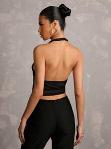 SHEIN BAE Spring Women's Halter Neck Deep V-Neck Front Button Bodycon Tank Top, Suitable For Parties, Casual Outings, Festivals And Street Events - Black - View 2