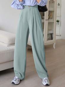 DAZY Women's Plain Pocket Pleated Straight Wide-Leg Casual Pants Business Attire - Baby Blue - View 5