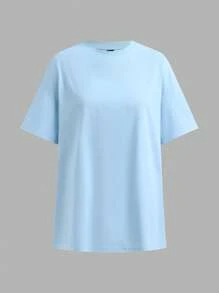 SHEIN BASICS 2pcs Casual Solid Color Knit Crew Neck Short Sleeve Loose Women T-Shirts - Baby Blue - View 6