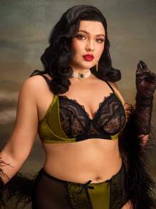 PinupGlam Vintage Palast-Satin-Spitzen-Große Größen-BH & Drahtloser BH