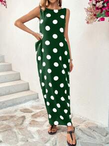 SHEIN Essnce 女士夏季无袖波点印花连衣裙，长款圆领，带大口袋，休闲连衣裙，绿色 - 墨綠色 - 查看 3