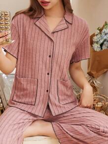 SHEIN Dozemod 少女和少女 2 件套休闲领扣口袋短袖上衣和罗纹针织裤睡衣套装