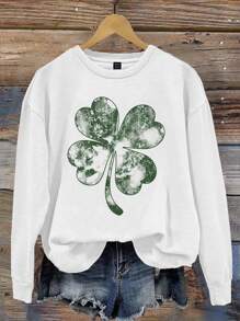 EMERY ROSE Women Casual Print Pattern Loose Fit Crew Neck Long Sleeve Sweatshirt, Suitable For Spring & Autumn - White - View 1