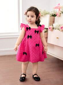 SHEIN Vestido de manga corta con lazo rosado decorativo para niñas bebé en verano - Rosa Fucsia - Ver 1