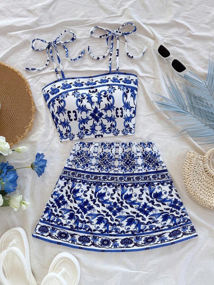 Soleia 2 件套女士蓝白印花针织纹理系带上衣和裙子，适合约会、情人节、下午茶、度假、音乐节、波西米亚风的节日/休闲装 - 藍白色 - 查看 1