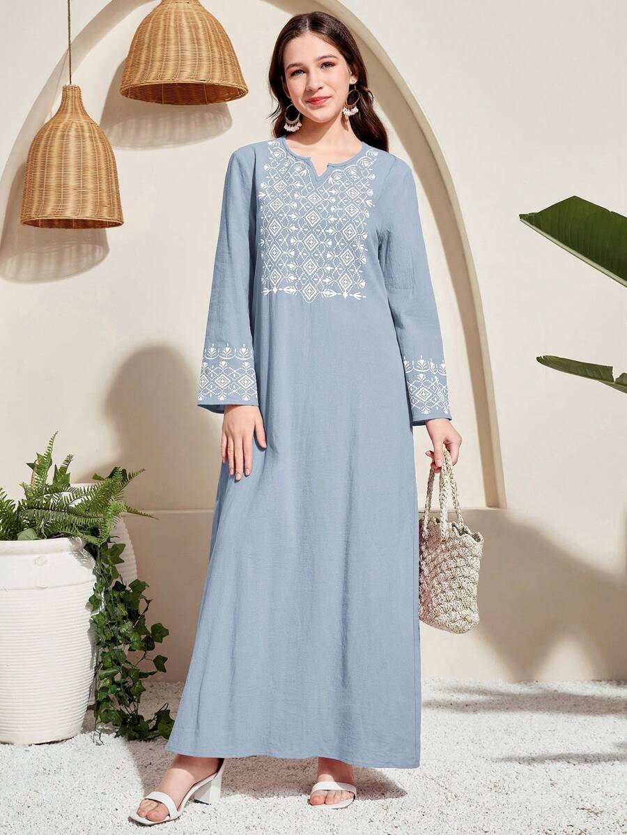 SHEIN Leap Crew Teen Girls Hazy Blue Elegant Floral Retro Patterned Robe, Vacation Wear, Spring/Summer - Dusty Blue - View 1