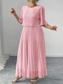 Elenzga Plus Size Elegant Solid Color Chiffon Pleated Dress For Ladies, Spring/Summer - Pink - View 4