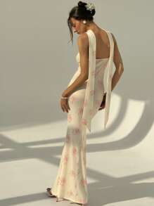 Aloruh Women's Floral Print Dress With Fishtail Hem, Elegant For Vacation Wedding Anniversary Bridesmaid Party Date Sexy  Wedding Guest Dress Women Bridal Shower Dress White  Elegant Modest Summer Summer Outfits Summer Clothes Beach Outfits For Woman  Beach Vacation Vacation Outfits Woman Boho  Tropical Vacation Woman Clothe Floral Tube Dress