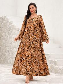 Al Najma Leinenkleid mit gestreiftem Muster und ausgestelltem Saum, arabischer Stil, bescheiden - Orange - Übersicht 6