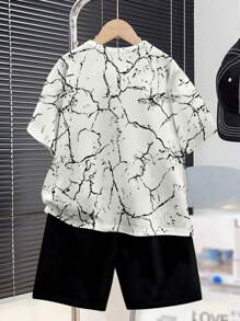 2pcs/Set Tween Boy Casual Minimalist Cracked Pattern Short Sleeve Round Neck Set, Suitable For Summer - Multicolor - View 2
