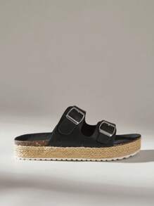 Solecia Sandalias de suela gruesa con material de PU negro y cuerda en la parte inferior, adecuadas para ir al trabajo, citas, fiestas y vacaciones
