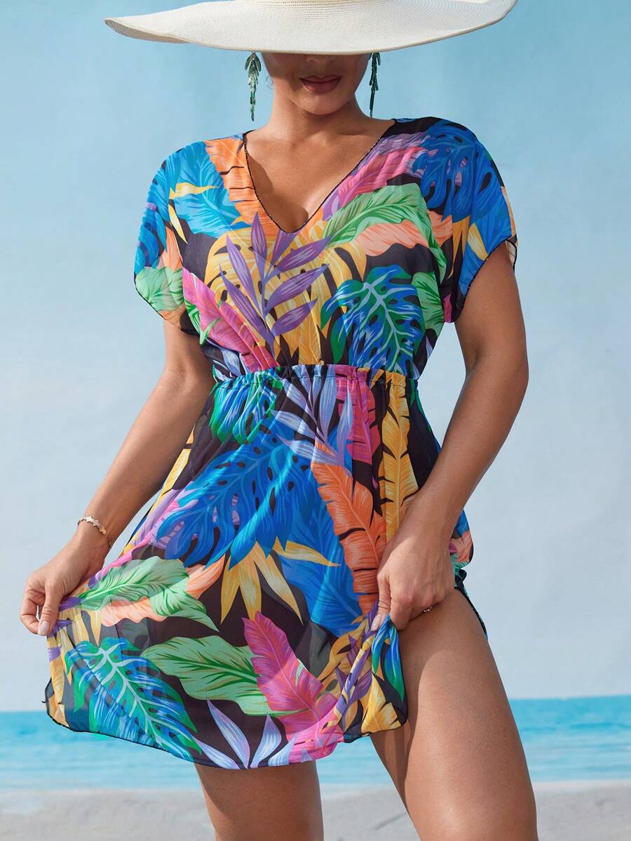 SHEIN VCAY Vestido de cobertura casual de manga corta con cuello en V estilo hawaiano para mujeres, conjunto de moda minimalista adecuado para el verano - Multicolor - Ver 1