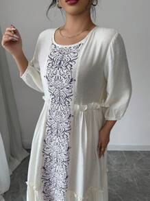 Al Najma Casual Print Arabic Frill Trim Dress,Modest - Purple - View 5