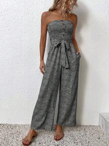 SHEIN Clasi Bộ đồ liền thân thường ngày có thiết kế nút bấm in toàn bộ dành cho nữ khi đi nghỉ - màu đen - Xem 3