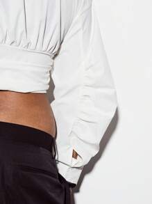 KIZN Designer Wrap Blouse Long Sleeve Asymmetric Collar Office Work Professional Business Wear Fall Winter Fashion Front Tie Elegant Sophisticated Top - White - View 6