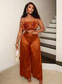 BamGleam 2025 年春夏女士两件套超大阔腿裤和三维花卉装饰背心，适合街头时尚派对和婚礼 - 亮橙色 - 查看 5