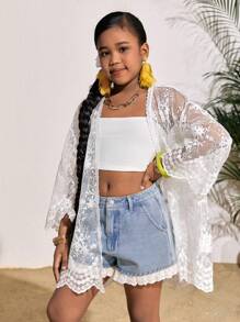 SHEIN Cubrecuerpo con estilo kimono de encaje bordado, prenda de vestir casual para resort, para niñas preadolescentes - Blanco - Ver 1