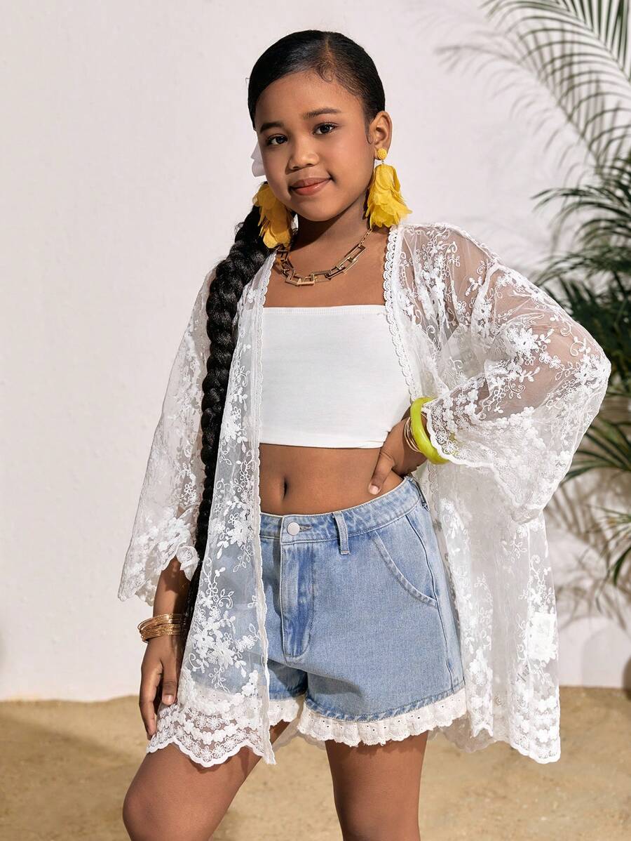 SHEIN Cubrecuerpo con estilo kimono de encaje bordado, prenda de vestir casual para resort, para niñas preadolescentes - Blanco - Ver 1