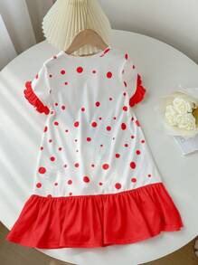 SHEIN Camisón informal y lindo con mangas cortas con volantes, diseño de dibujos animados y contraste de colores para niñas jóvenes