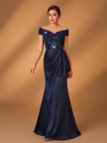 Serin Navy Blue Winter Elegant Formal Evening Wedding Dress,Luxurious Off Shoulder Sequin Floral Lace Satin Ruched Ruffled Mermaid Bride Mother Gown - Navy Blue - View 7