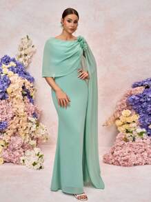 SHEIN Belle Elegant And Romantic Bean Green One-Shoulder Swing Collar Gathered Stitching Large Floating Piece Three-Dimensional Flower Slim Fishtail Hem Suitable For Wedding Events Dating Vacation Bridesmaid Dress