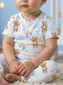 SHEIN Baby Boy Casual Cartoon Balloon & Teddy Bear Print Fitted Crew Neck Comfortable Short Sleeve Top And Pants Loungewear Set, Spring/Summer - Multicolor - View 4