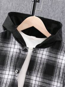 2pcs/Set Tween Boys Casual Plaid Short Sleeve Hooded Shirt & Plaid Patchwork Shorts, Summer - Black - View 7