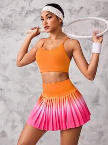 Easithlete Women Solid Color Spaghetti Strap Simple Crop Top And Mini Skirt Sports Set - Multicolor - View 4