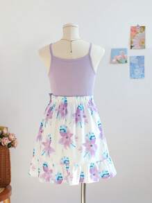 SHEIN 2pcs Tween Girl Floral Print Spaghetti Strap Top And Ruffle Hem Bowknot Skirt Set, Purple - Yellow - View 2