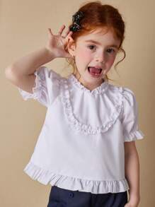 Blossori Young Girls' White Woven Shirt With Ruffled Hem, French Elegant Style For Spring/Summer - White - View 1