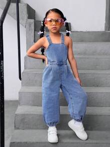 SHEIN 年轻女孩的 Y2K 牛仔无袖连体裤，后背带大蝴蝶结装饰，女童春夏休闲度假乡村波西米亚风服装，春假海滩装女童露背连体裤，音乐会服装，年轻女孩的西部街头服装 - 中等水洗藍 - 查看 2