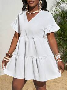 Slaydiva 2025夏季新款白色V领A字荷叶边迷你连衣裙，休闲度假风，适合海滩、度假约会、日常街头派对-A - 白色 - 查看 9