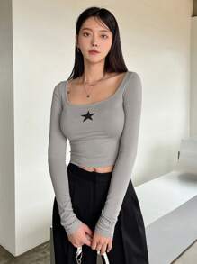 DAZY Star Print Scoop Neck Crop Tee Y2k Festival